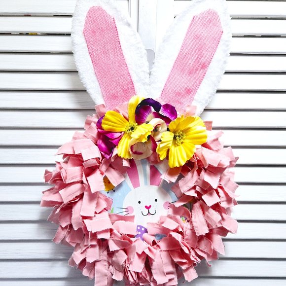 Hand Crafted Easter Bunny Rabbit Fabric Rag Wreath, Pink & White, Bunny Sign - Picture 1 of 7